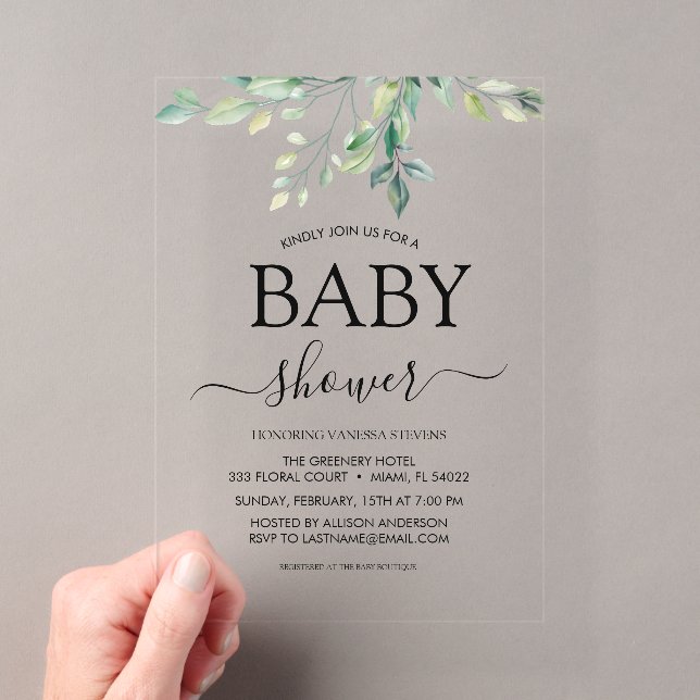 Invitations En Acrylique Baby Shower Verdure Eucalyptus  (In situ (ordinateur de poche))