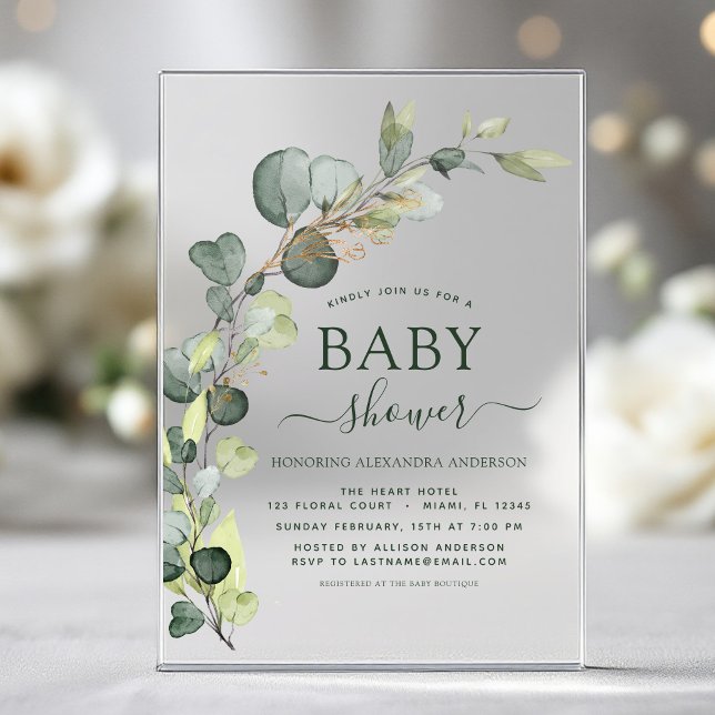Invitations En Acrylique Baby shower Verdure Eucalyptus Succulent Élégant (Créateur téléchargé)