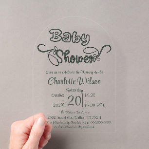 Invitations En Acrylique Baby-Shower Vertical Moderne Vert Foncé