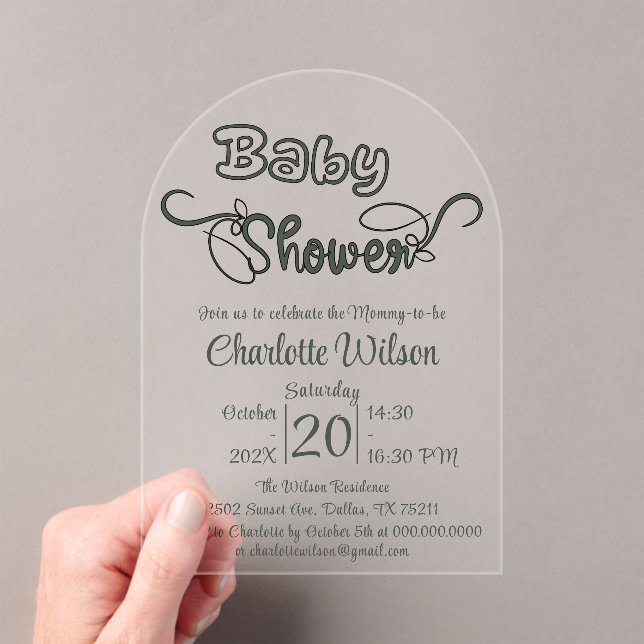 Invitations En Acrylique Baby-Shower Vertical Moderne Vert Foncé (In situ (ordinateur de poche))