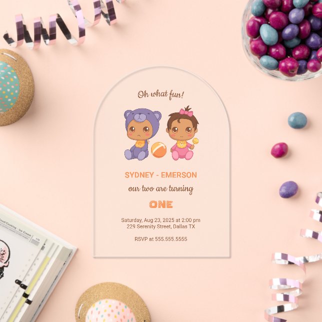 Invitations En Acrylique Baby Twins Premier anniversaire fille ours Jumpsui (Insitu (Célébration))