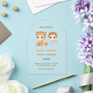 Invitations En Acrylique Baby Twins Premier anniversaire Garçon ours transp