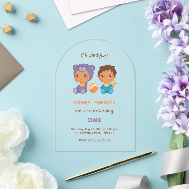 Invitations En Acrylique Baby Twins Premier anniversaire Garçon Violet Ours (Insitu (Mariage))