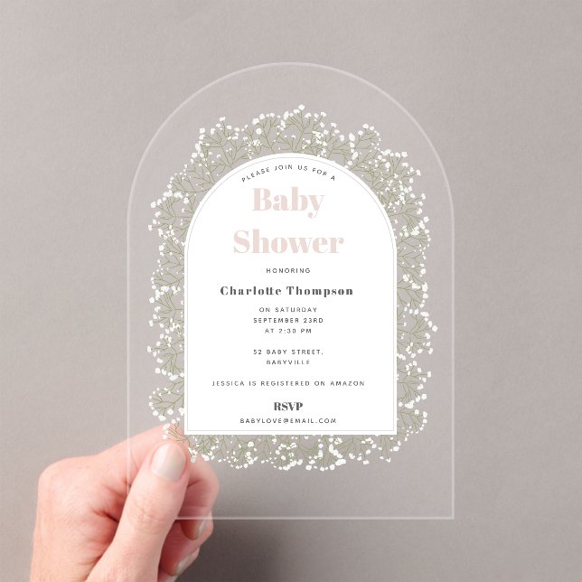 Invitations En Acrylique Baby's Breath Girl Pink Gypsophila Baby Shower (In situ (ordinateur de poche))