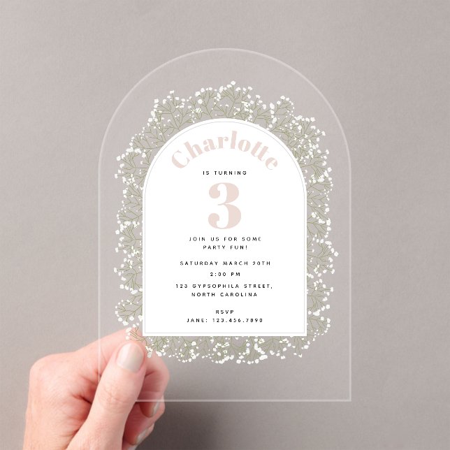 Invitations En Acrylique Baby's Breath Girl Pink Gypsophila Kids Birthday (In situ (ordinateur de poche))