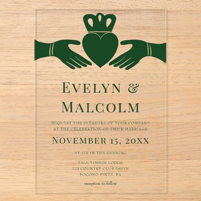 Invitations En Acrylique Bague Claddagh Irlandaise Simple Graphique Vert Ma (Recto)