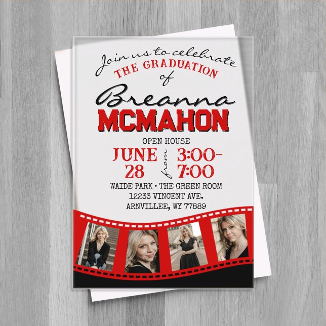Invitations En Acrylique Baguette de film rouge et noir photo dépoli (Unique Red & Black Photo Graduation Filmstrip 4 Photo Frosted Acrylic Invitations)