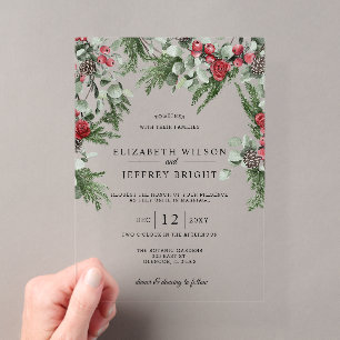 Invitations En Acrylique Baies de pin rustiques Noël d'hiver Mariage