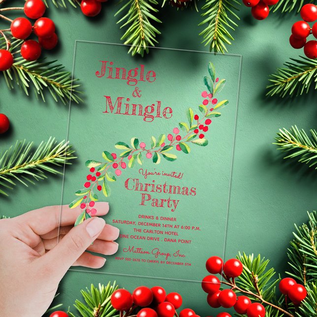 Invitations En Acrylique Baies de verdure à l'aquarelle Noël (Watercolor berries and branches Jingle & Mingle ACRYLIC Christmas party invitations)