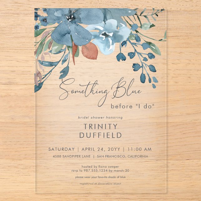 Invitations En Acrylique Baigneuse Bohème Bleu Floral Quelque Chose de Bleu (Recto)