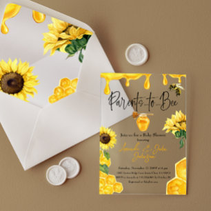 Invitations En Acrylique Bain de bébé abeille tournesol miel jaune aquarell
