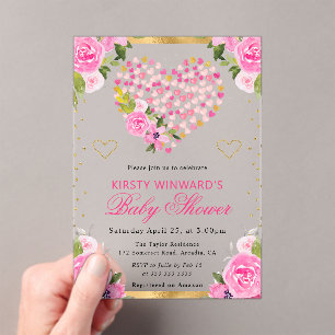 Invitations En Acrylique Bain de bébé Cœurs Fleurs Or Rose Aquarelle