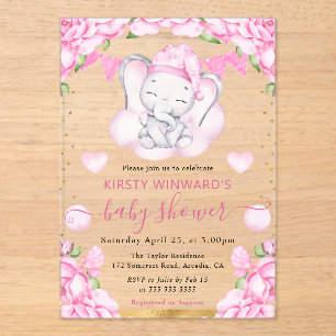 Invitations En Acrylique Bain de bébé Éléphant Mignon Aquarelle & Roses Ros