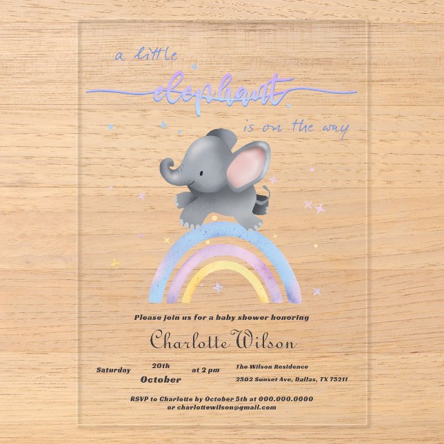 Invitations En Acrylique Bain de bébé éléphant mignon avec arc-en-ciel colo (Recto)