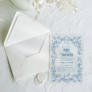 Invitations En Acrylique Bain de bébé garçon à l'arc floral en toile bleu p