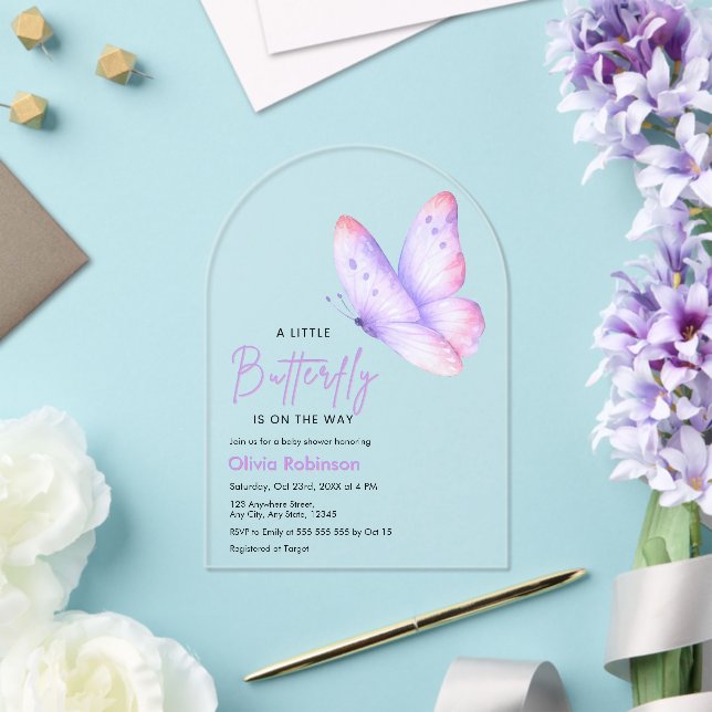 Invitations En Acrylique Bain de bébé Papillon Rose Violet Un Petit (Insitu (Mariage))