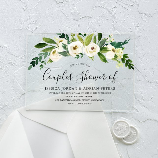 Invitations En Acrylique Bain de couples toutes saisons à fleurs blanches (Créateur téléchargé)