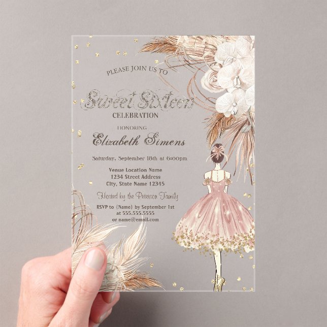 Invitations En Acrylique Ballerina Boho Flowers Rose Gold Sweet 16  (In situ (ordinateur de poche))