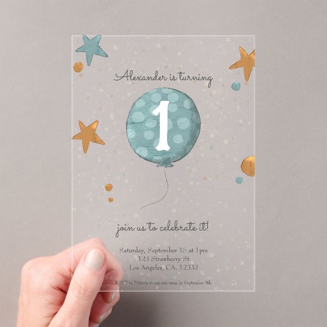 Invitations En Acrylique Ballons Bleu Mignet Premier anniversaire (In situ (ordinateur de poche))