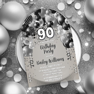 Invitations En Acrylique Ballons d'argent noir 90e fête d'anniversaire