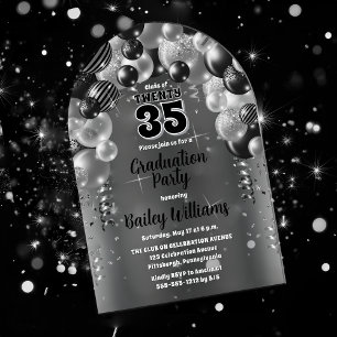 Invitations En Acrylique Ballons d'argent noir fête de graduation
