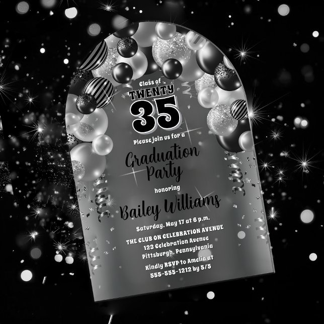 Invitations En Acrylique Ballons d'argent noir fête de graduation (Black and Silver-Tone Balloons Class Year Graduation Party Acrylic Invitations)