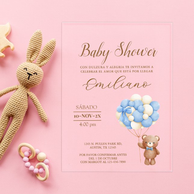 Invitations En Acrylique Ballons de Baby shower espagnol Teddy Bear (Teddy Bear Spanish Baby Shower Balloons Acrylic Invitations)
