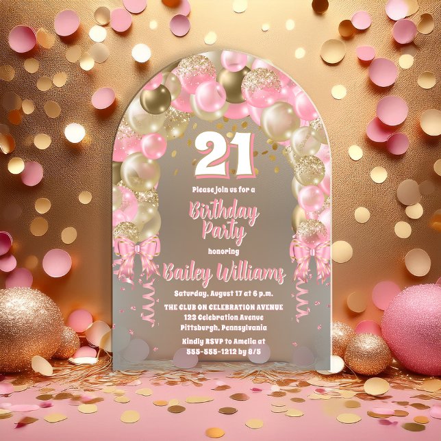 Invitations En Acrylique Ballons de fête de l'or rose 21e fête d'anniversai (Pink | Gold Tone Celebration Balloons "21" 21st Birthday Party Acrylic Invitation)