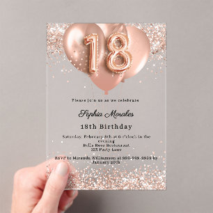Invitations En Acrylique ballons de luxe en or rose pour 18 ans transparent