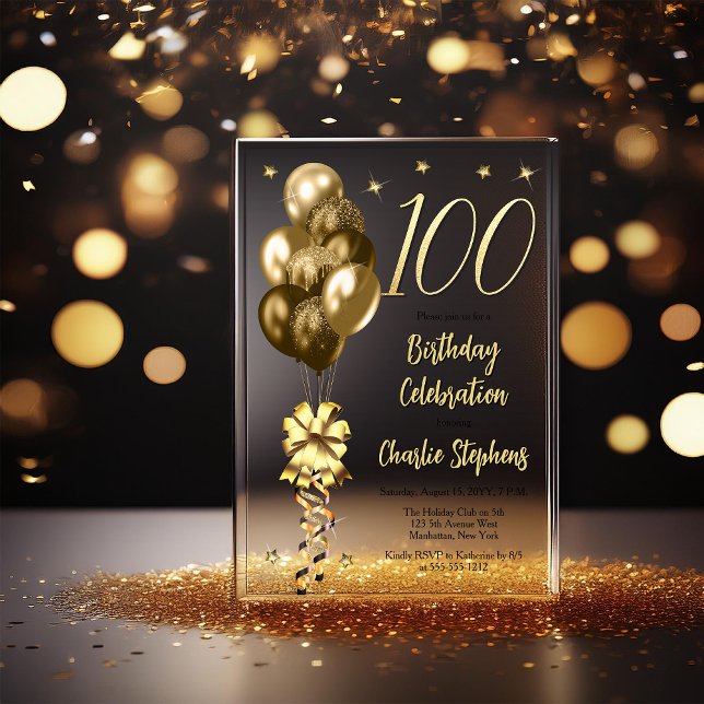 Invitations En Acrylique Ballons d'or élégant sur Black 100 Anniversaire Pa (Elegant Faux Gold Glitter Accented Balloons on Fade to Black Backing 100th Birthday Acrylic Invite)