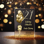 Invitations En Acrylique Ballons d'or élégants sur Black 21st Birthday Part<br><div class="desc">Ballons d'or à fausse parties scintillant élégante avec grand arc et serpentins et étoiles accent "21" 21e anniversaire invitation de fête.</div>
