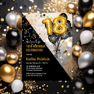 Invitations En Acrylique Ballons élégants Noir   Gold 18th Birthday Party