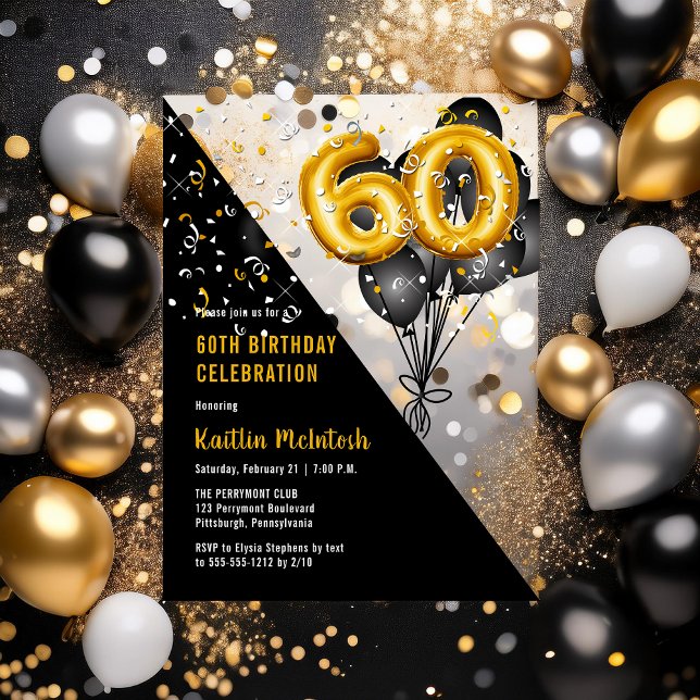 Invitations En Acrylique Ballons élégants Noir | Gold 60th Birthday Party (Balloons Elegant Black and Gold Tone 60th Birthday Party Acrylic Invitations)
