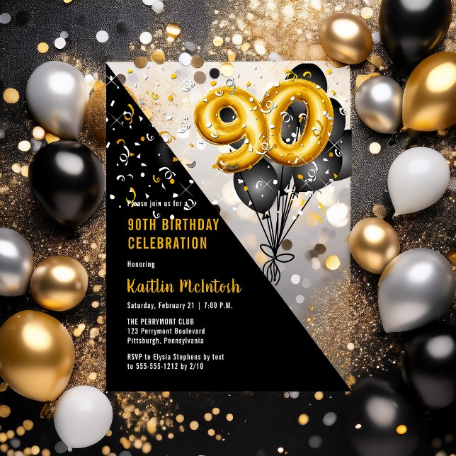 Invitations En Acrylique Ballons élégants Noir | Gold 90th Birthday Party (Balloons Elegant Black and Gold Tone 90th Birthday Party Acrylic Invitations)