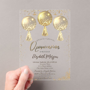 Invitations En Acrylique Ballons en Or de Luxe Confettis Étoiles Quinceañer