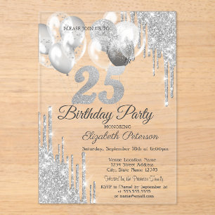 Invitations En Acrylique Ballons gouttes de paillettes argentées fond métal