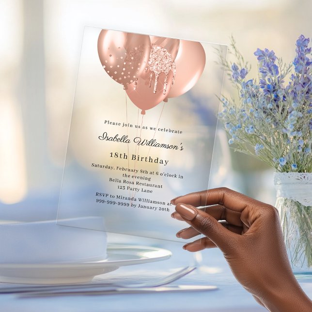 Invitations En Acrylique Ballons rose gold clair luxe anniversaire  (Créateur téléchargé)