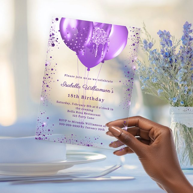Invitations En Acrylique Ballons violets luxe anniversaire clair (Créateur téléchargé)