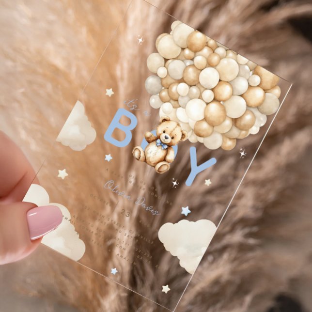 Invitations En Acrylique Balloons Beige Ours En Teddy Boy Baby shower moder (Créateur téléchargé)