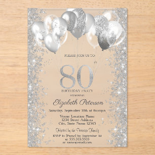 Invitations En Acrylique Balloons Confettis Pailletés Bleu Marine 80 Ans An