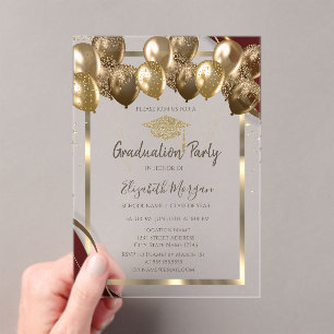 Invitations En Acrylique Balloons de chapeau de graduation or bordure borde