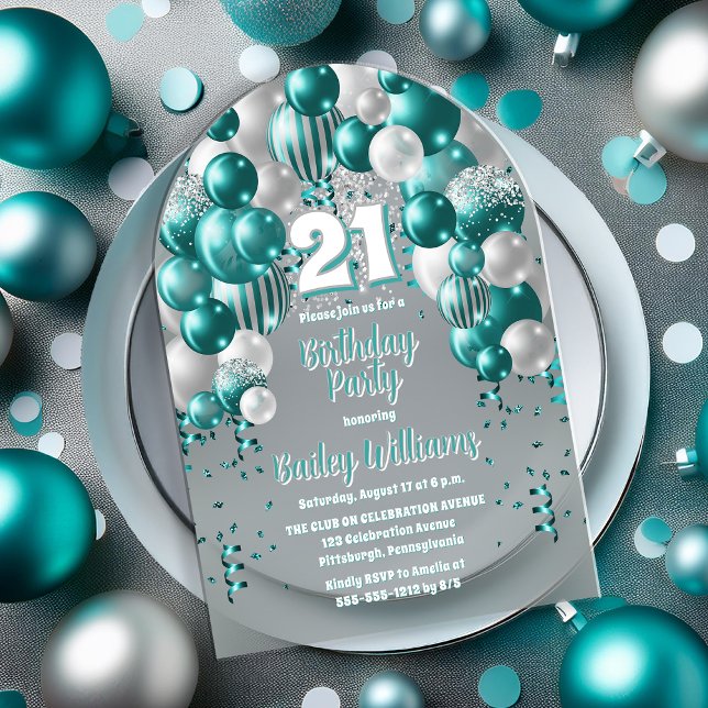 Invitations En Acrylique Balloons de fête Aqua Celebration pour les 21 ans (Aqua Celebration Balloons "21" 21st Birthday Party Acrylic Invitation)