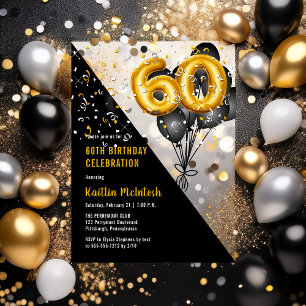Invitations En Acrylique Balloons Élégants Noirs   Or 60e Anniversaire