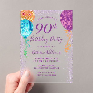 Invitations En Acrylique Balloons pourpres Aqua moderne 90e fête d'annivers