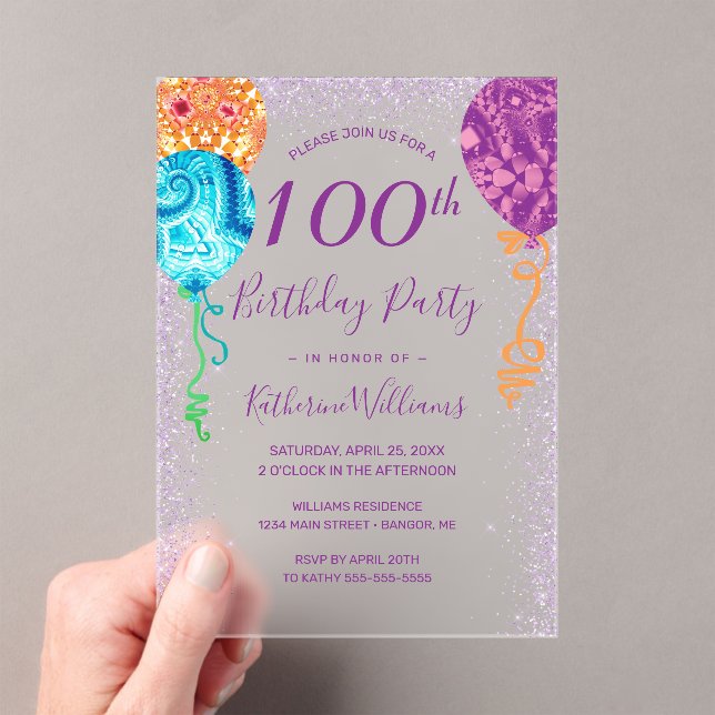 Invitations En Acrylique Balloons violets Aqua moderne 100e fête d'annivers (In situ (ordinateur de poche))