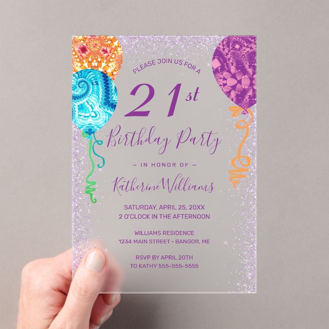 Invitations En Acrylique Balloons violets Aqua Moderne 21ème anniversaire (In situ (ordinateur de poche))