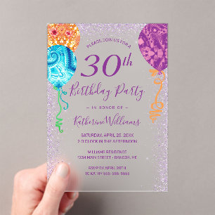 Invitations En Acrylique Balloons violets Aqua moderne 30e anniversaire
