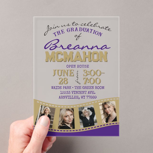 Invitations En Acrylique Bande de film de graduation de photo violet et or  (In situ (ordinateur de poche))