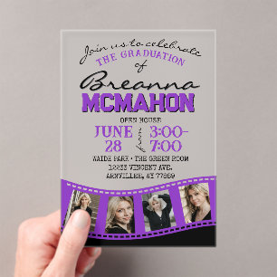 Invitations En Acrylique Bande de film de graduation violette et noire