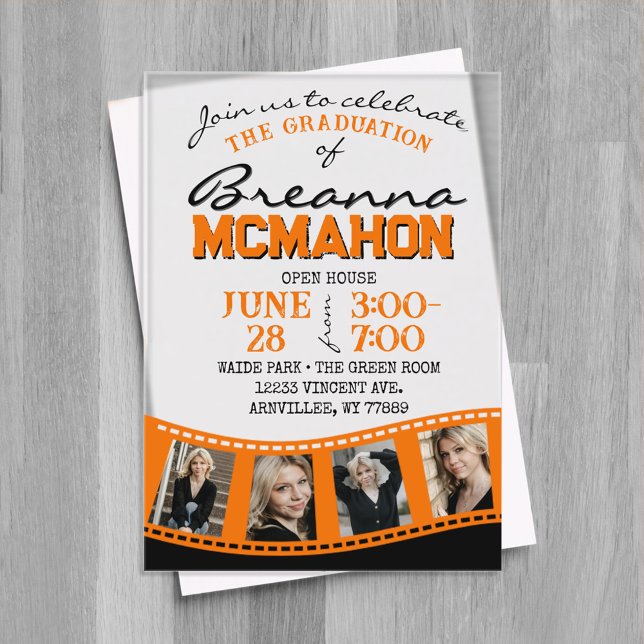 Invitations En Acrylique Bande de film Orange & Black Photo Graduation Fros (Orange and Black 4 Photo Filmstrip Graduation Invitations on Frosted or Clear Acrylic)